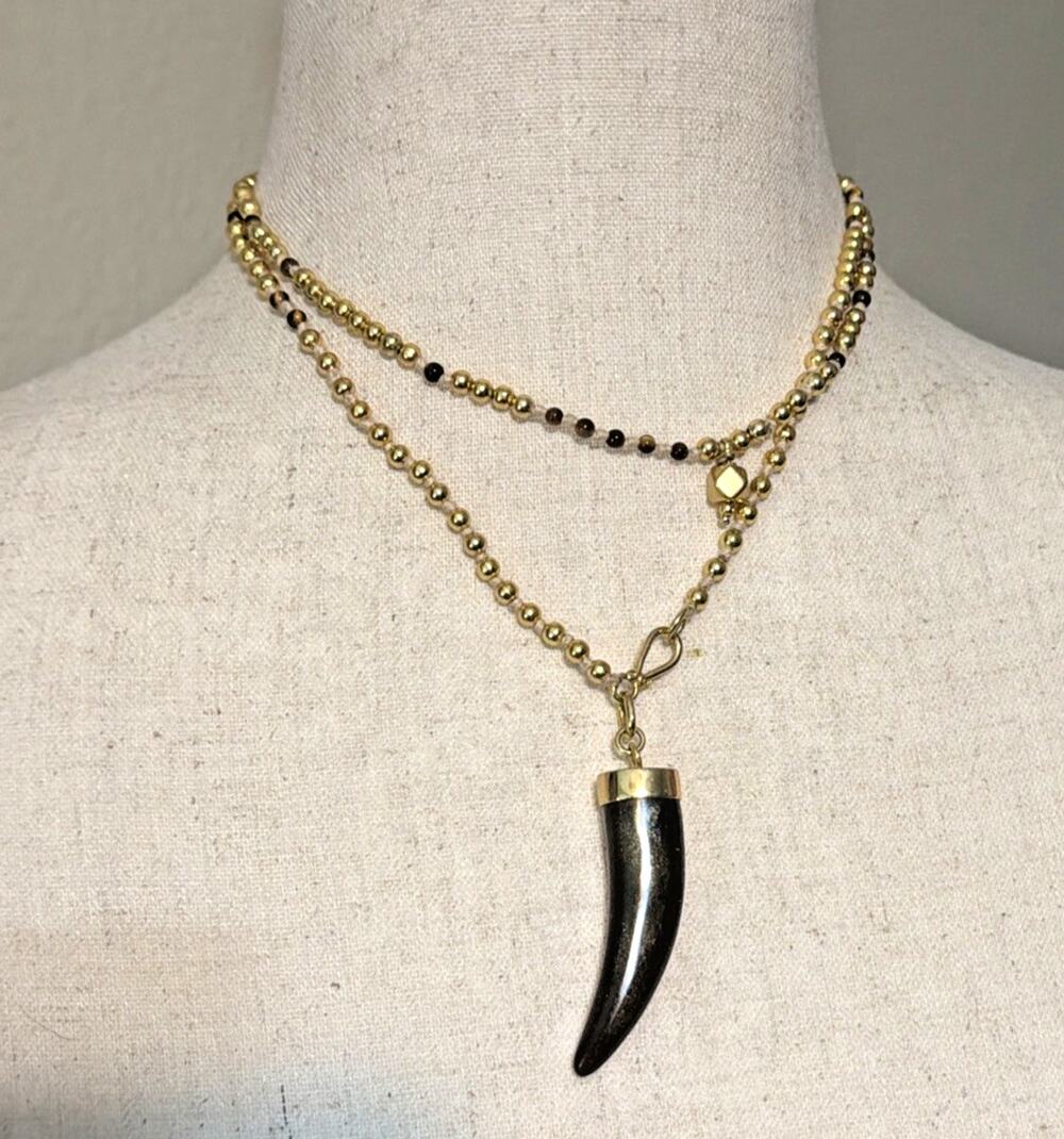 BANANA REPUBLIC Gold Tone Brown Bead Horn Tusk Pendant Necklace 30" Long 2" Drop
